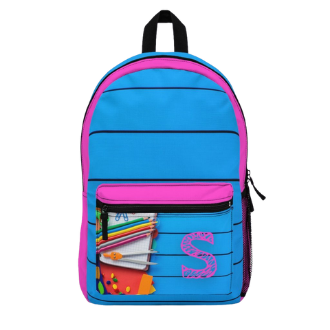 Blue Backpack with Pink Initial